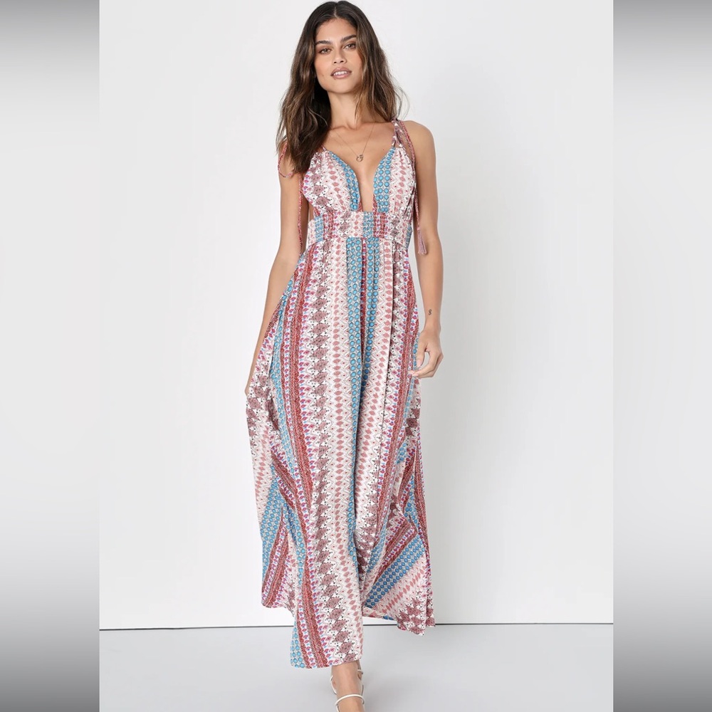 Lulus Maxin’ Relaxin’ Blue Multi Print Tie-Strap Maxi  Dress XS